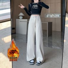 批发实拍实价~加绒加厚工装牛仔裤女<b class='q'>冬</b>季新款高腰直筒裤显瘦阔腿裤子