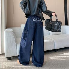 批发实拍实价~美式复古弯刀牛仔裤子女秋季高街辣妹宽松休闲阔腿长裤