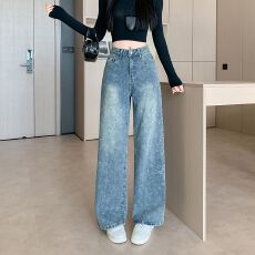 实拍实价~宽松直筒高腰牛仔裤女新款星星烫钻设计感显瘦阔腿裤子