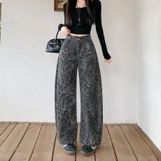 批发实拍 2026复古豹纹牛仔<b class='q'>裤</b>女秋冬新款<b class='q'>宽松</b>显瘦拖地<b class='q'>裤</b>休闲<b class='q'>裤</b>长<b class='q'>裤</b>子