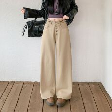 批发实拍实价~复古卡其色弯刀牛仔裤女冬季新款设计感高腰宽松<b class='q'>阔腿裤</b>