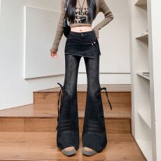 实拍实价~超火屁帘微喇牛仔裤女冬季设计感蝴蝶结辣妹微喇叭裤子