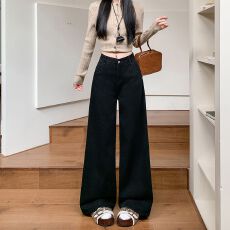 批发实拍实价~宽松高腰牛仔裤女秋冬百搭显瘦<b class='q'>阔腿裤</b>垂感直筒裤长裤子