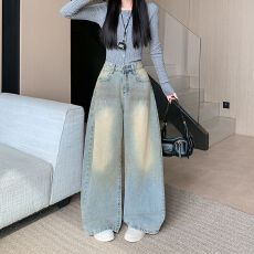 批发实拍实价~猫爪纹阔腿牛仔裤女秋<b class='q'>冬</b>新款复古做旧高腰宽松牛仔裤子