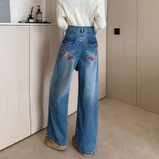 批发实拍实价~美式复古刺绣<b class='q'>钉珠</b><b class='q'>牛仔裤</b>女新款重工水洗宽松显瘦直筒裤