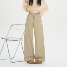 实拍实价~美式复古字母纽扣水洗牛仔裤女显瘦慵懒风松弛感长裤子