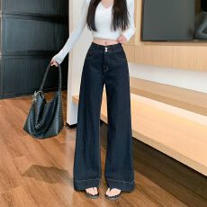 实拍实价~美式深蓝色直筒牛仔裤女春季低腰百搭显瘦喇叭休闲裤子