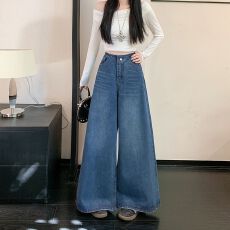 实拍实价~复古牛仔裤女遮胯阔腿裤春季新款高腰显瘦宽松大喇叭裤