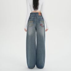 批发实拍实价~复古星星字母刺绣牛仔裤小众设计感百搭阔腿直筒长裤女