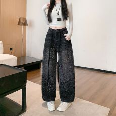 批发实拍实价~复古满天星烫钻拼接<b class='q'>牛仔</b>裤女辣妹宽松慵懒松弛感拖地裤