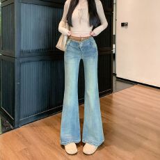 批发实拍实价~复古拼接低腰微喇<b class='q'>牛仔</b>裤女春季设计感直筒显瘦喇叭裤子