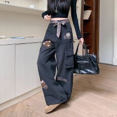 批发实拍实价~复古豹纹贴布毛巾绣<b class='q'>牛仔</b>裤女春季新款宽松阔腿裤子ins潮