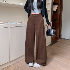 批发实拍实价~美拉德咖色休闲直筒<b class='q'>牛仔</b>裤女美式高腰宽松显瘦阔腿长裤
