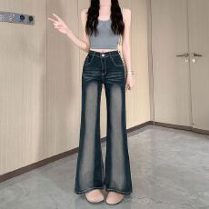 批发实拍实价~美式不贴腿微喇牛仔裤女夏季新款<b class='q'>高腰</b>遮胯显瘦喇叭裤子