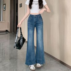 批发实拍实价~满天星烫钻微喇牛仔裤女春夏新款<b class='q'>高腰</b>显瘦宽松喇叭裤子