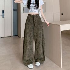 批发实拍实价~复古扎染水洗牛仔裤女春夏新款<b class='q'>高腰</b>显瘦弯刀阔腿裤长裤