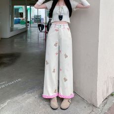 批发实拍实价~小熊蝴蝶结刺绣牛仔裤女新款<b class='q'>高腰</b>宽松显瘦阔腿直筒裤子