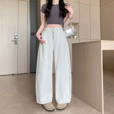 批发实拍实价~灰白色美式复古弯刀牛仔裤女<b class='q'>夏</b>季新款高腰宽松阔腿裤子