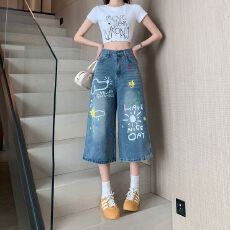 批发实拍实价~美式涂鸦印花七分牛仔裤女夏新款<b class='q'>高腰</b>宽松阔腿中裤短裤
