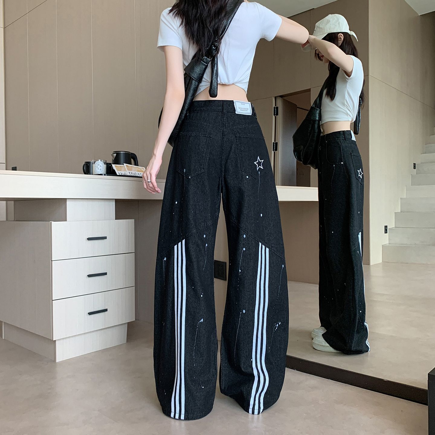 실사 정가 아메리칸 레트로 해체 패치워크 먹물 스트라이프 청바지 여성 높음 거리 루즈핏 캐주얼 와이드 레그 팬츠