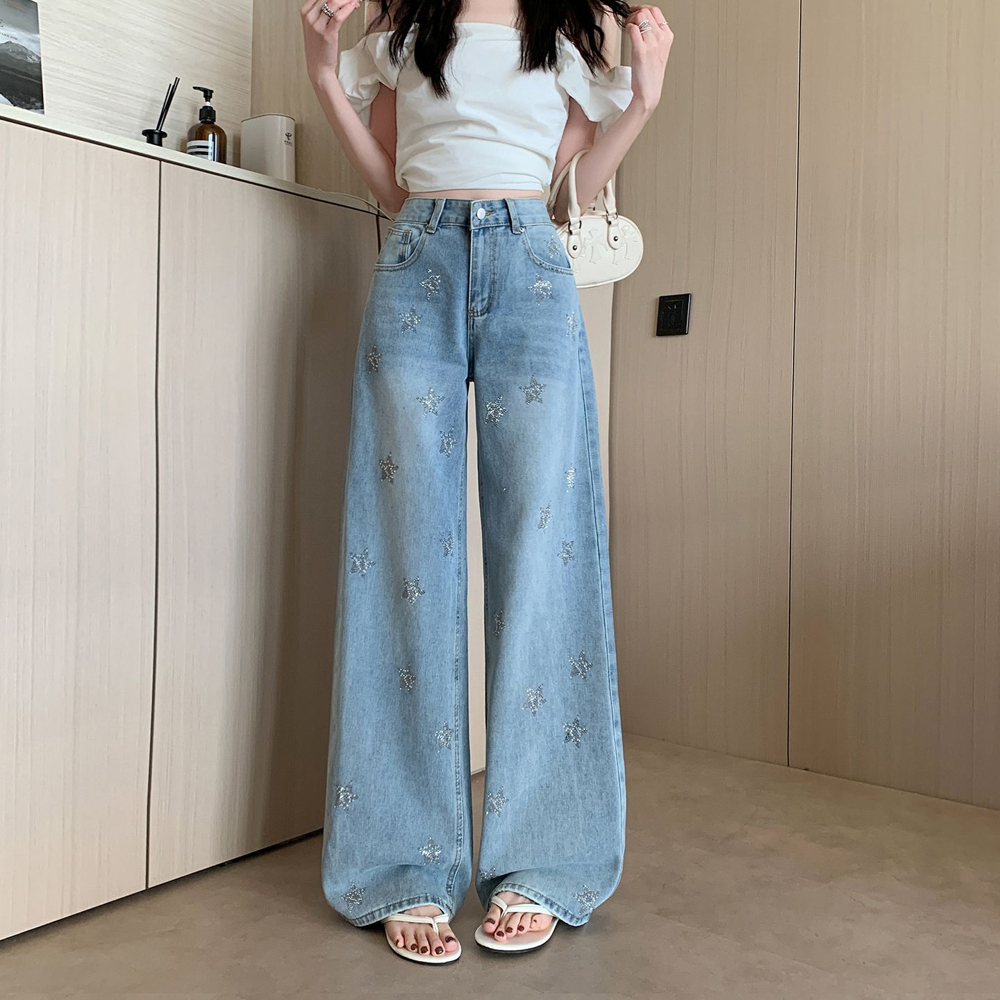 실사 정가 아메리칸 레트로 워싱 별 핫픽스 청바지 여성 새로운 핫걸 루즈핏 스트레이트 롱 바지