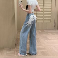 批发实拍实价~复古翅膀刺绣<b class='q'>牛仔裤</b>女夏季新款辣妹<b class='q'>烫钻</b>破洞阔腿拖地裤