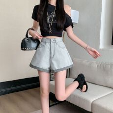 实拍实价~复古灰色卷边高腰牛仔短裤女热裤直筒宽松显瘦a字阔腿裤