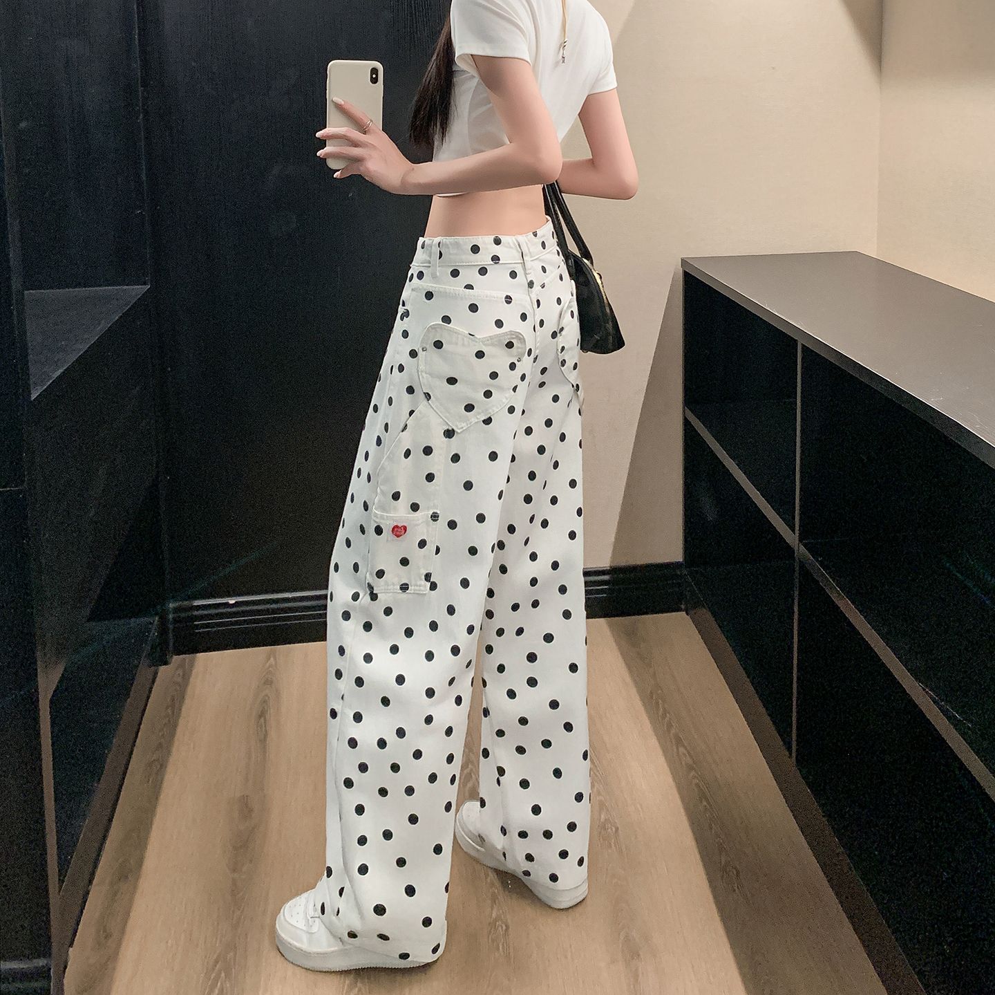 白色波点弯刀牛仔裤女新款爱心口袋水洗小众阔腿长裤子 服裝批發女裝批發服飾貨源