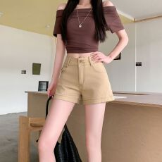 批发实拍实价~美式卡其色牛仔短<b class='q'>裤</b>女夏季A字双扣卷边<b class='q'>弹力</b>三分热<b class='q'>裤</b>子潮