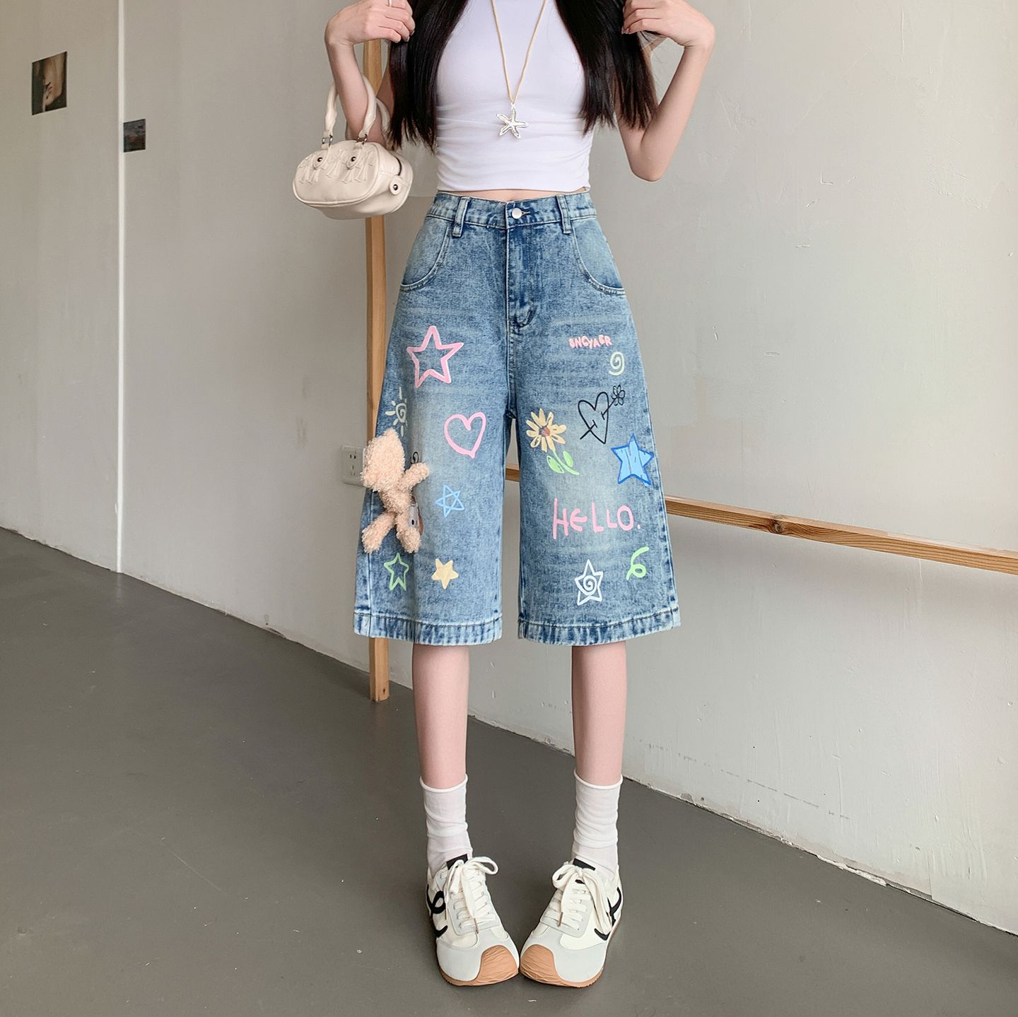 RY7270# 实拍实价~夏季复古小熊涂鸦五分牛仔短裤女新款宽松百搭阔腿中...