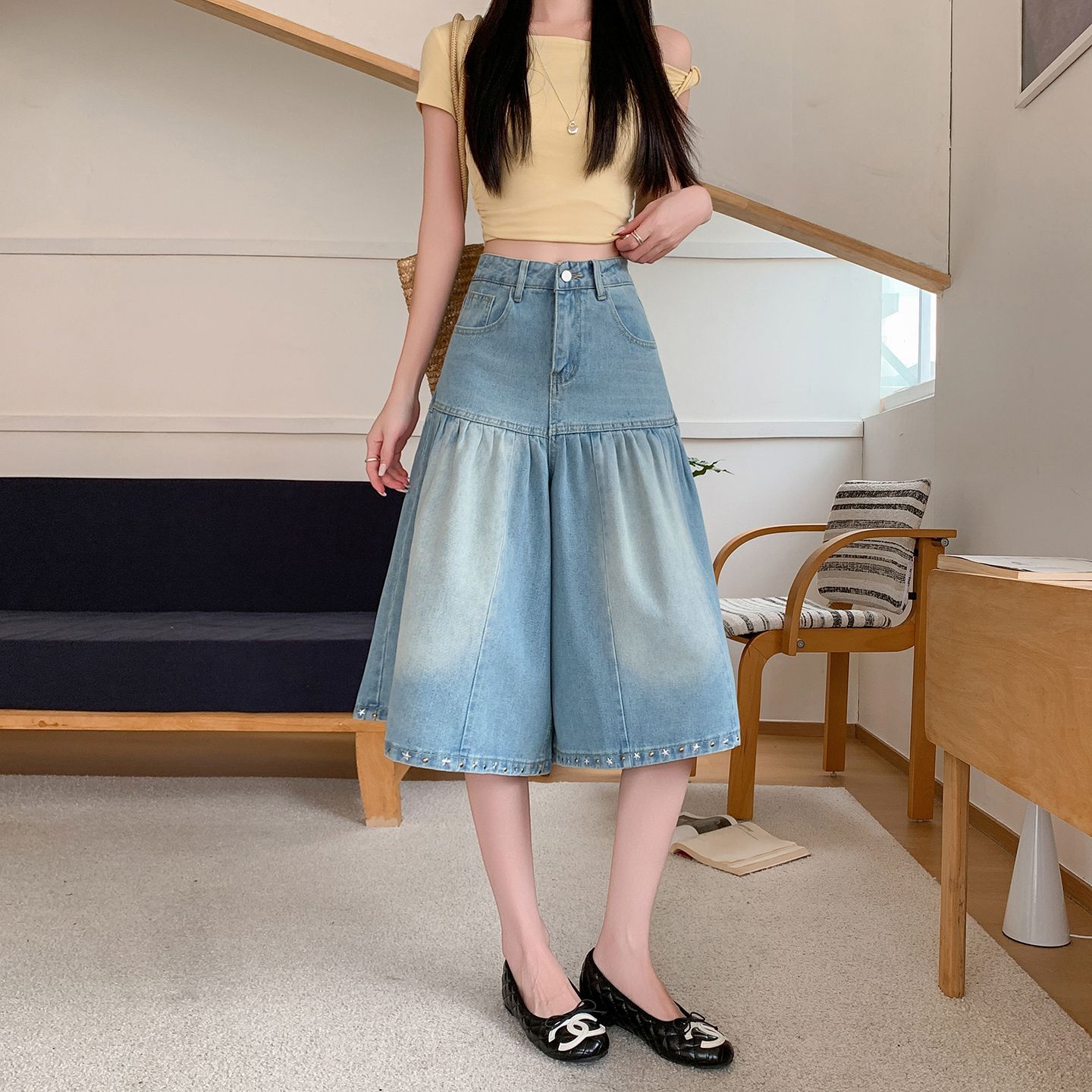 RY7274# 实拍实价~复古褶皱烫钻牛仔裤女夏季宽松廓形中裤百搭阔腿七分...