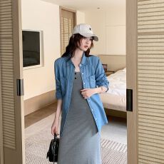 批发实拍实价~<b class='q'>牛仔</b>衬衫一整套装灰色连衣裙子女夏2026新款巨好看穿搭