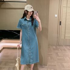 批发实拍实价~夏季短袖休闲宽松<b class='q'>牛仔</b>连衣裙女新款港风复古衬衫裙子