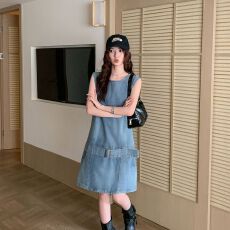批发实拍实价~美式复古做旧牛仔背心连衣裙女装夏季别致减龄宽松A字裙