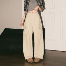 批发实拍实价~卡其色工装<b class='q'>休闲</b>裤女新款高腰多口袋设计宽松阔腿<b class='q'>牛仔裤</b>