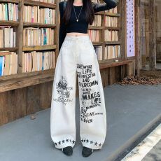 批发实拍实价~涂鸦字母个性重工牛仔裤女晕染复古做旧阔腿设计感裤子
