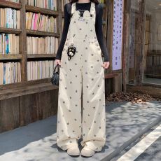 批发实拍实价~小猫星星满印牛仔背带裤女新款减龄宽松显瘦直筒连体裤