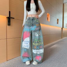 实拍实价~美式潮酷弯刀牛仔裤女秋季新款手绘彩色涂鸦字母阔腿裤