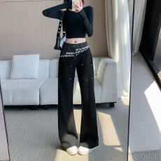 批发<b class='q'>实拍</b>实价~美式高街水洗双头腰设计标语印花牛仔<b class='q'>裤</b>女铆钉直筒长<b class='q'>裤</b>
