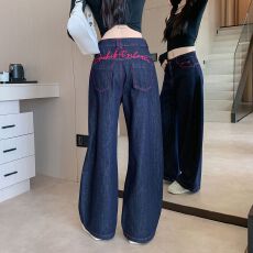 批发<b class='q'>实拍</b>实价~设计感刺绣阔腿牛仔<b class='q'>裤</b>女秋季新款高腰宽松显瘦垂感<b class='q'>裤</b>子