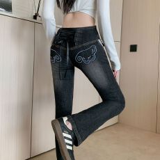 批发<b class='q'>实拍</b>实价~美式复古翅膀刺绣后腰绑带牛仔<b class='q'>裤</b>女辣妹低腰显瘦长<b class='q'>裤</b>子