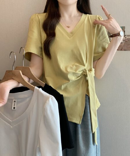 실사 통통한 여동생 빅 사이즈 여성 의류 여름 드레스 새로운 V넥 패션 디자인 센스 리본 비대칭 반팔 티셔츠 맨위