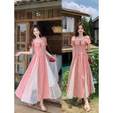 批发实拍胖妹妹大码女装夏季新款百搭<b class='q'>格</b>子拼接蕾丝复古显瘦法式<b class='q'>连衣裙</b>