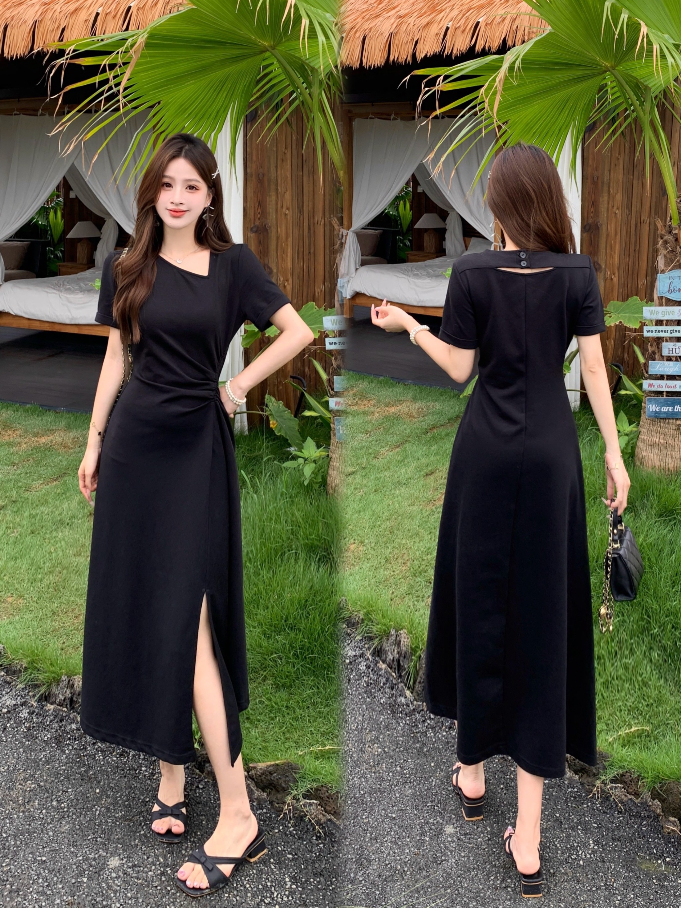 RY2678# 实拍胖妹妹大码女装夏季新款简约褶皱设计收腰显瘦开叉短袖连衣裙