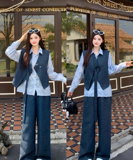 실사 통통한 여동생 빅 사이즈 여성 의류 가을 겨울 새로운 디자인 센스 빛 럭셔리 패션 셔츠 베스트 긴 바지 세 조각 세트