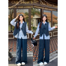 批发实拍胖妹妹大码女装<b class='q'>秋</b>冬新款设计感轻奢时尚衬衣马甲长裤三件套装