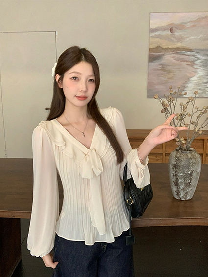 실사 통통한 여동생 빅 사이즈 여성 의류 새로운 프랑스식 디자인 센스 주름 허리 수축 맨위 V넥 긴팔 셔츠