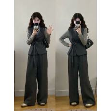 批发实拍胖妹妹大码女装<b class='q'>秋</b>冬新款时尚显瘦毛呢马甲+T恤+阔腿裤三件套