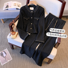 批发实拍大码女装休闲春<b class='q'>秋</b>新款小香风气质长袖外套女直筒裤两件套装