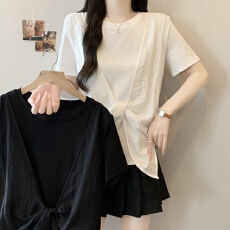 批发实拍大码女装夏季新款设计感假两件拼接时候遮肚显瘦百搭上衣